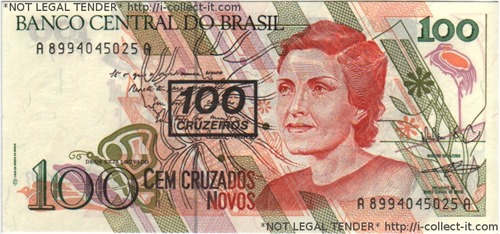 Brazil 100 Cruzeiro on 100 Cruzado Novo 1990.300dpi