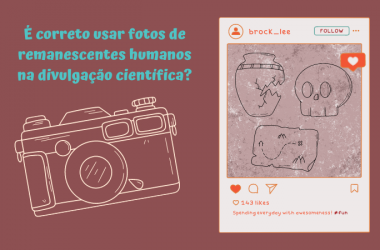 à esquerda da imagem, acima, está o texto "é correto usar fotos de remanescentes humanos na divulgação científica?". Abaixo está o desneho de uma máquina fotográfica. Na direita da imagem, uma ilustração simulando uma postagem da rede social instagram, em que dentro há objetos comuns à arqueologia - um vaso quebrado, um crânio e um mapa.