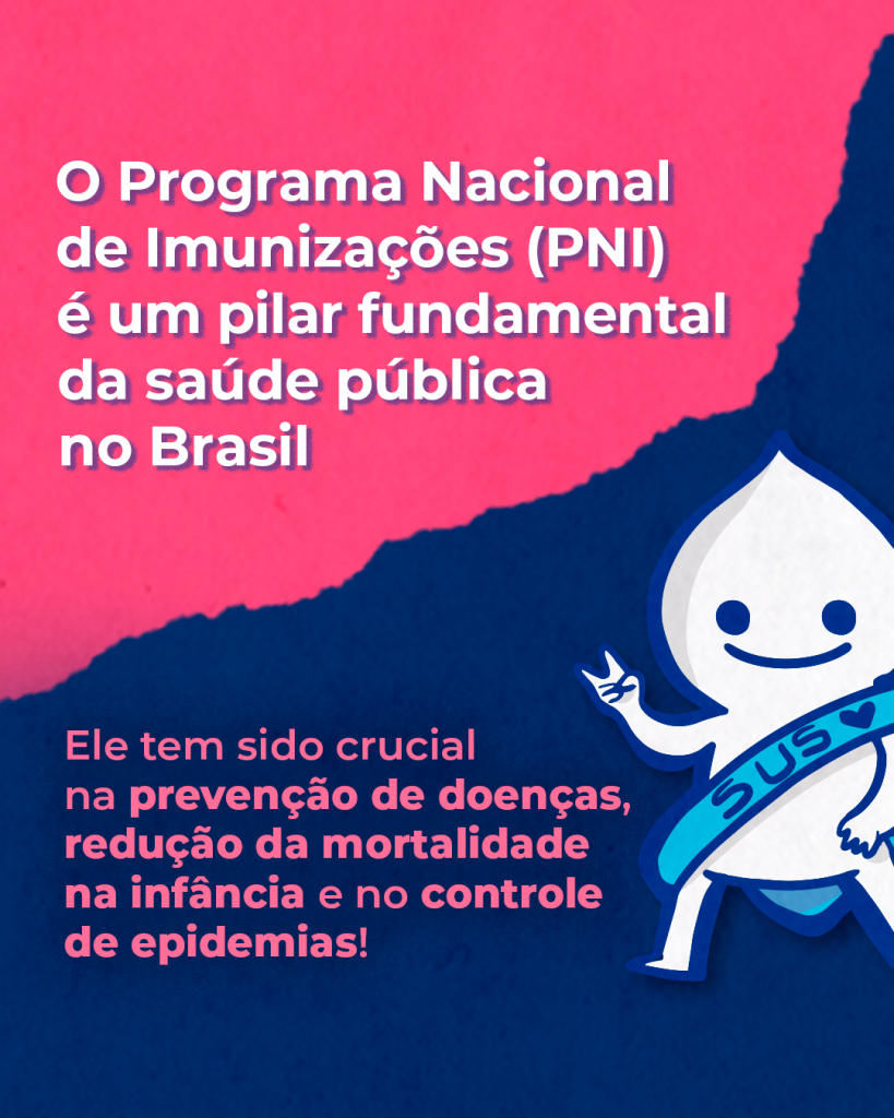 Imagem de carrossel. Primeira imagem:
O zé gotinha está no canto inferior direito, fazendo "V" com a mão. Contém texto:
O Programa Nacional de Imunizações (PNI) é um pilar fundamental da saúde pública no Brasil.
Ele tem sido crucial na prevenção de doenças, redução da mortalidade na infância e no controle de epidemias.