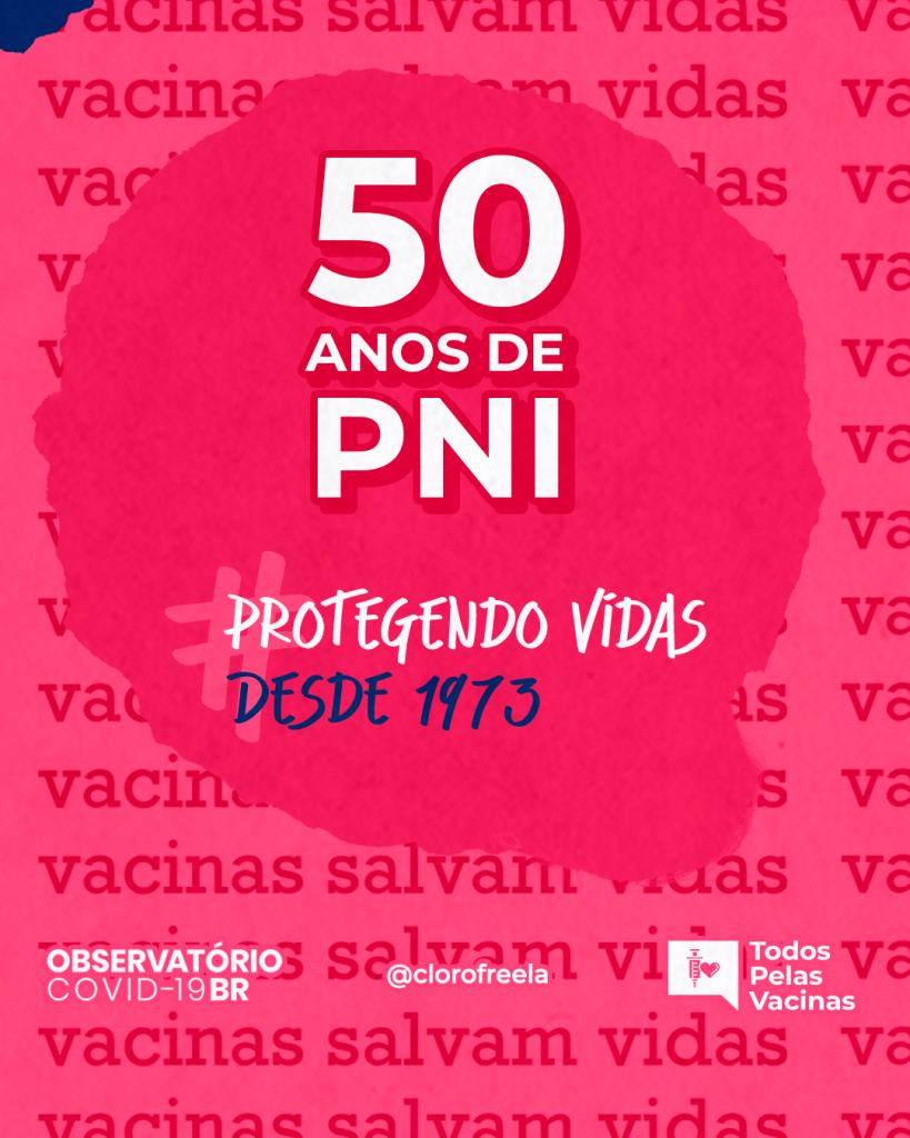 Imagem com destaque escrito
50 anos de PNI, protegendo vidas desde 1973.
Abaixo os grupos Observatório Covid-19, Todos Pelas Vacinas e a designer marcada: clorofreela.