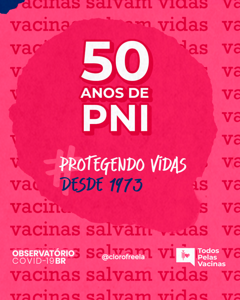 Imagem com destaque escrito
50 anos de PNI, protegendo vidas desde 1973.

Abaixo os grupos Observatório Covid-19, Todos Pelas Vacinas e a designer marcada: clorofreela.