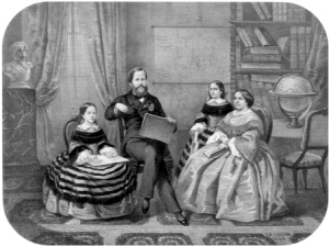 A família imperial na biblioteca do Imperador, em litografia de Sisson de 1860. Os quatro membros da família foram representados segurando um livro ou objeto de estudo. Arquivo do Museu Imperial. Crédito: Artigo de C. Filgueiras, Química Nova 