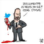 Charge produzida pelo Desenhos do Nando. Um homem branco de terno escuro segura um celular vertendo sangue e com o simbolo do Twitter. O homem diz: "regulamentar as redes pra quê? Estão ótimas!