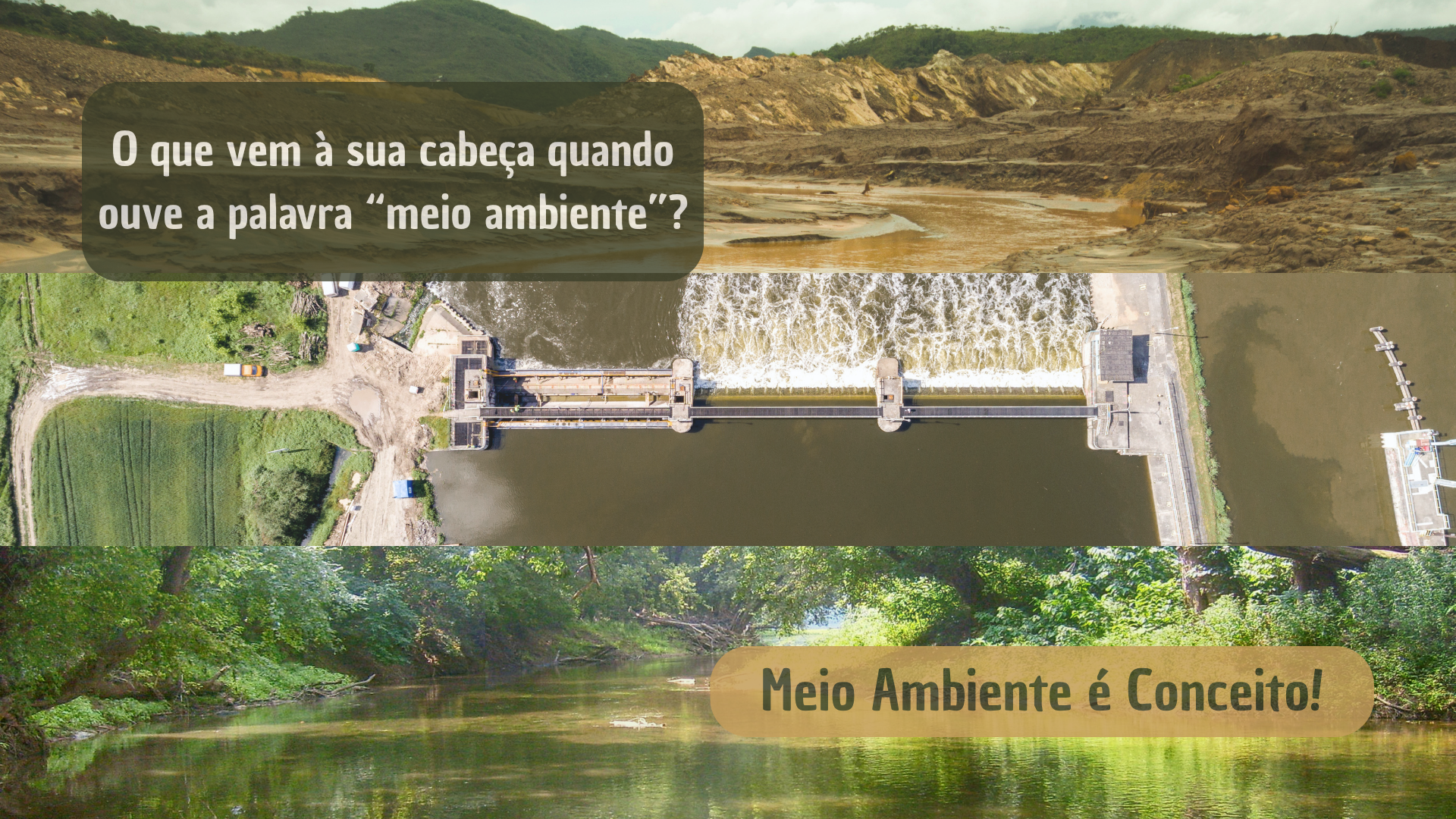 Três faixas horizontais mostram diferentes paisagens relacionadas ao meio ambiente. No topo, uma área devastada por mineração, com montanhas ao fundo e solo destruído em primeiro plano. Sobre a imagem, em destaque, está a pergunta: "O que vem à sua cabeça quando ouve a palavra 'meio ambiente'?". Ao centro, uma imagem aérea de uma represa construída sobre um rio, com estruturas de concreto dividindo o fluxo da água. Na parte inferior, um rio cercado por vegetação densa e verde. Sobre essa imagem, lê-se a frase: "Meio Ambiente é Conceito!".