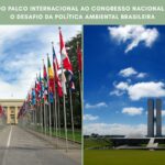 A imagem possui o título : Do palco internacional ao Congresso nacional: o desafio da política ambiental brasileira. Abaixo do título duas fotos. A primeira é a sede da Orgnização das Nações Unidas com bandeiras enfileiradas. A segunda o Congresso Nacional em Brasília com o céu azul acima.