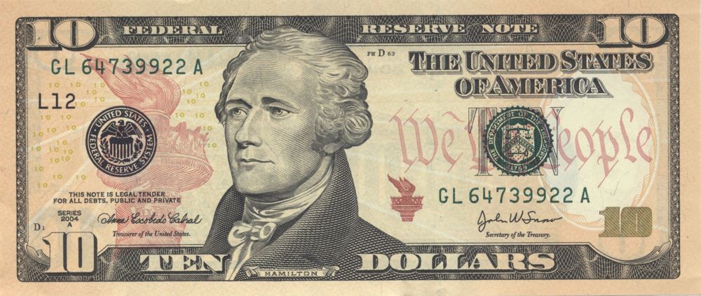 Nota americana de 10 dólares, com o busto de Hamilton.