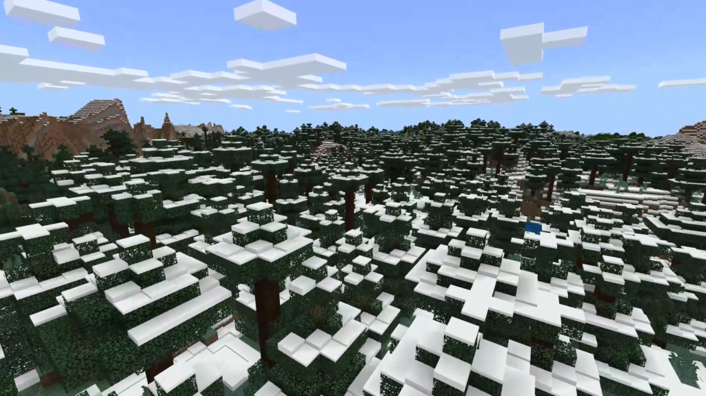 Taiga (Floresta Boreal) do Minecraft, formada majoritariamente por pinheiros (coníferas)