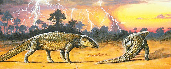 Armadillosuchus, forma de crocodilo terrestre do Cretáceo brasileiro. Ilustração de Ariel Milani.