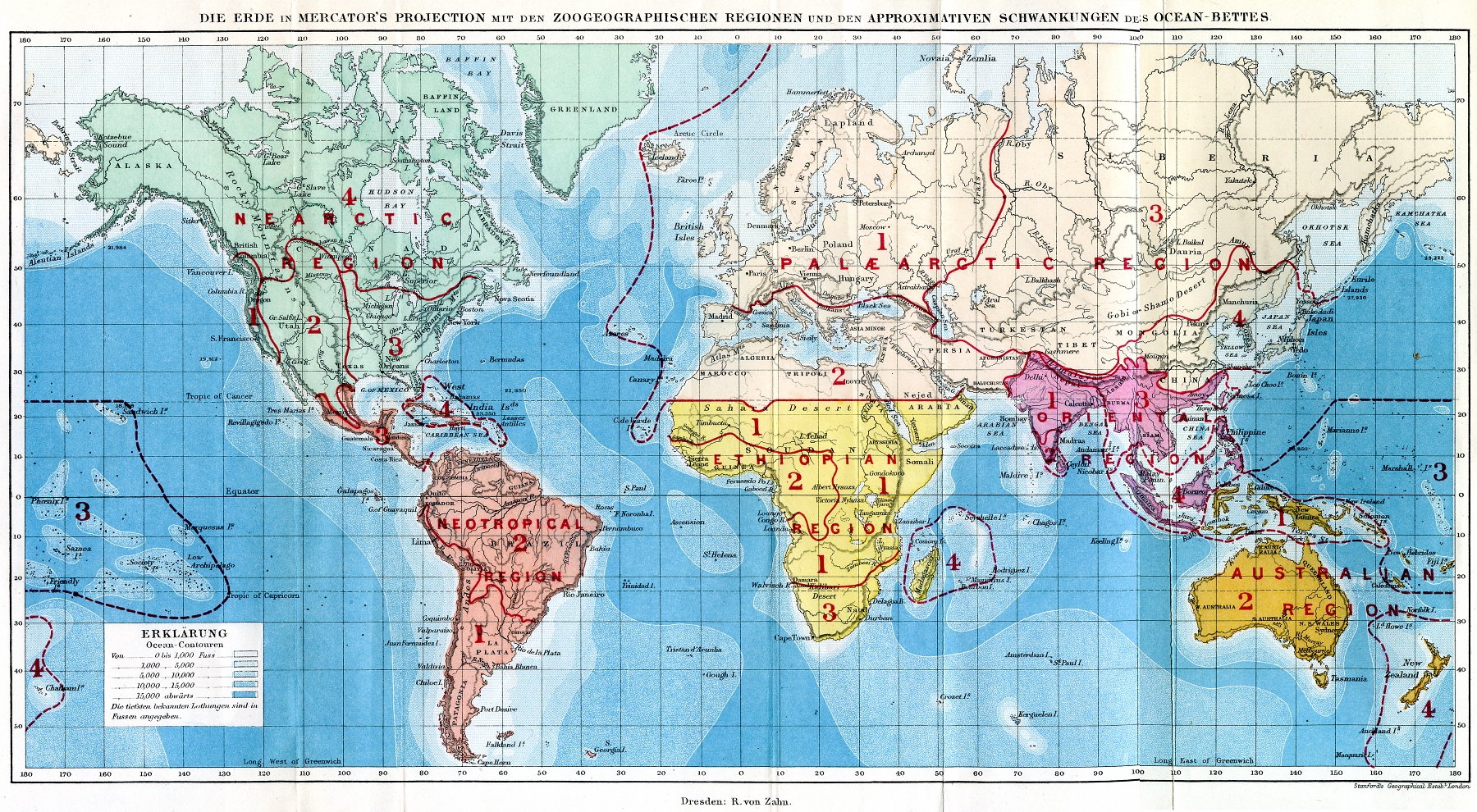 Mapa do mundo retirado do livro "The geographical distribution of Animals", mostrando as seis regiões biogeográficas definidas por Alfred R. Wallace (1876).