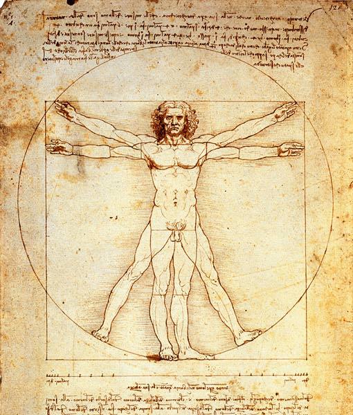 Homem Vitruviano de Leonardo da Vinci descrevendo as proporções do corpo humano.