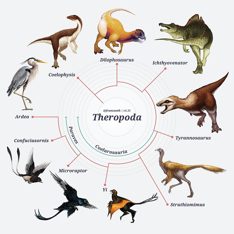 Dinossauros terópodes. Arte de Franz Anthony.