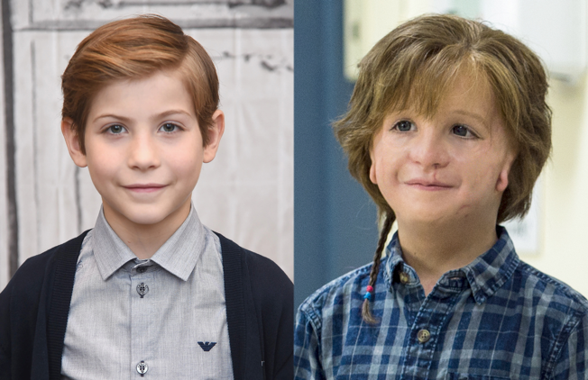 Dois rostos lado a lado do ator Jacob Tremblay. Na imagem à esquerda, o rosto do ator. Na imagem da direita, a imagem do personagem, com as maquiagens que fizeram com que parecesse ser portador da Síndrome. #ParaCegoVer