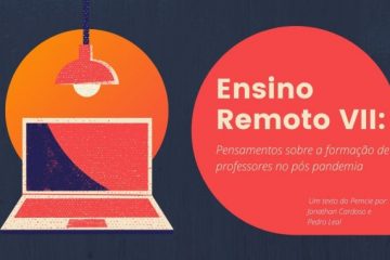 há um computador no lado esquerdo, com uma luminária acima. Ao lado direito há um balão de diálogo escrito: Ensino Remoto VIII