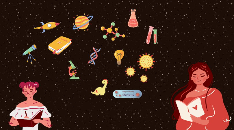 Na parte de baixo da imagem há duas meninas com livros. uma delas está escrevendo (à esquerda), e a outra lendo (à direita). No plano de fundo há estrelas e na frente (centro da imagem) há vários desenhos que remetem à Ciência: foguete, saturno, telescópio, pipetas, tubos de ensaio, moléculas, DNA, microscópio, dinossauro, coronavírus.