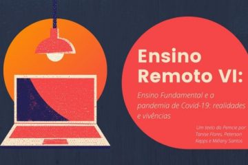 há um computador no lado esquerdo, com uma luminária acima. Ao lado direito há um balão de diálogo escrito: Ensino Remoto IV: Ensino Fundamental e a pandemia de Covid-19: realidades e vivências (parte II)