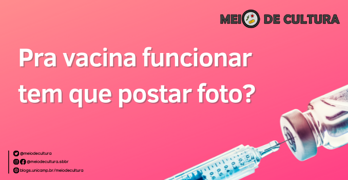 Imagem com fundo rosa, uma vacina à direita, abaixo da tela, com o título "pra facina funcionar tem que postar foto?"