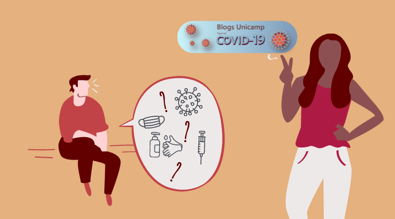 um homem, sentado, e um balão de diálogo com imagens de medidas não farmacológicas, como máscaras, covid, vacinas, higienização de mãos e pontos de interrogação. Ao lado direito há uma mulher, com cabelos compridos e mão na cintura apontando para a marca do Blogs de Ciência da Unicamp: especial COVID-19