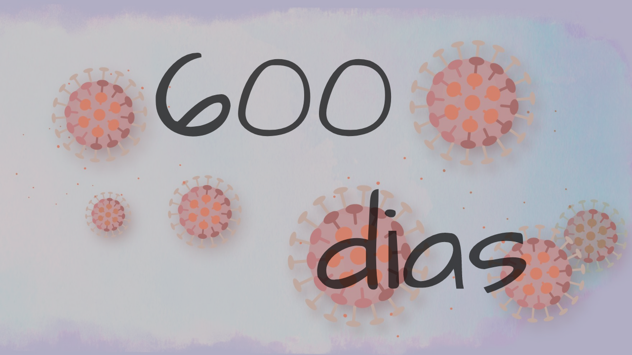 Ao fundo a imagem tem estilizado vários coronavírus, de diferentes tamanhos. à frente está escrito "600 dias" referindo-se aos 600 dias de pandemia de COVID-19