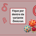 à esquerda há várias letras que representam outras variantes (alfa, gama, delta, beta). Ao centro um quadrinho dizendo "fique por dentro da variante Ômicron", à direita uma Ômicron e abaixo, na direita, 3 modelos de Sars-Cov-2 de massinha de modelar.