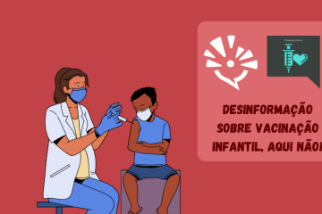 ilustração de Uma enfermeira vacinando uma criança e ao lado a placa "desinformação sobre vacina infantil: aqui não" com a logo do blogs unicamp e do Todos Pelas Vacinas