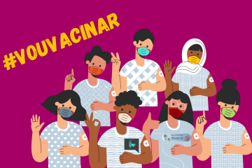 Ilustração com 7 crianças, de máscara com a mão direita para cima, fazendo sinal de positivo, jóia e ok e com um bandaid no braço esquerdo, marcando a vacina. Acima delas, à esquerda, está escrito #VouVacinar