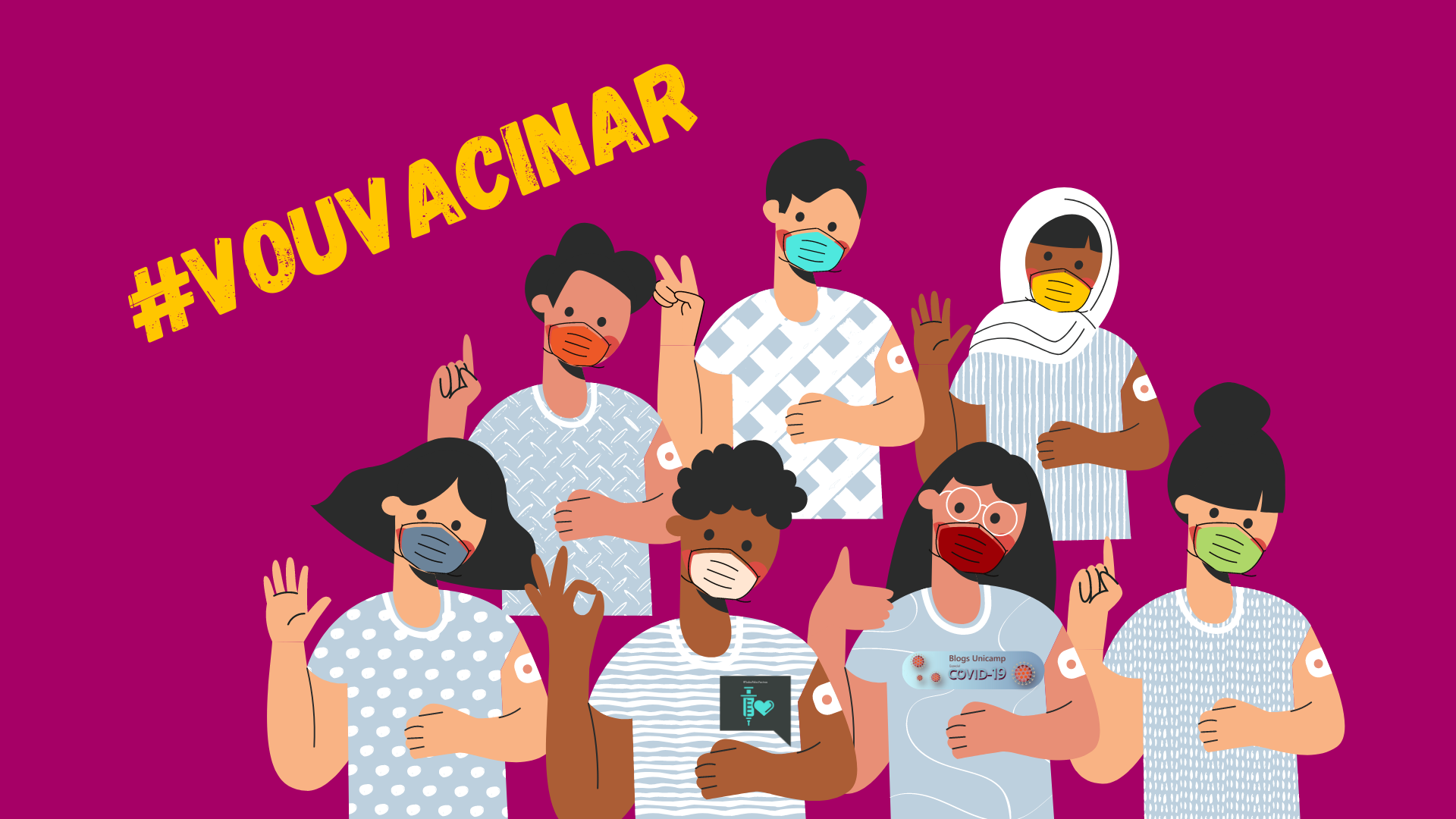 Ilustração com 7 crianças, de máscara com a mão direita para cima, fazendo sinal de positivo, jóia e ok e com um bandaid no braço esquerdo, marcando a vacina. Acima delas, à esquerda, está escrito #VouVacinar