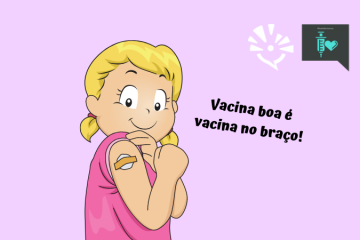 Menina, virada de lado, segurando o braço com um bandaid (por estar vacinada), sorrindo. Ao lado dela está escrito "vacina boa é vacina no braço! E os símbolos do Blogs de Ciência da Unicamp e o Todos Pelas Vacinas