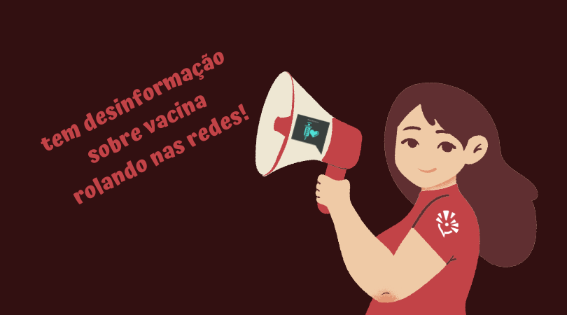 Menina segurando um megafone com os dizeres "tem desinformação sobre vacina nas redes!