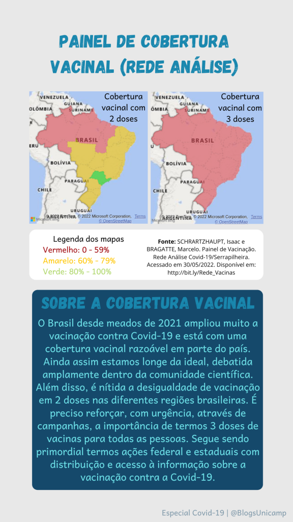 Painel de cobertura vacinal (rede análise): mapa mostrando a cobertura de 2 doses e 3 doses.