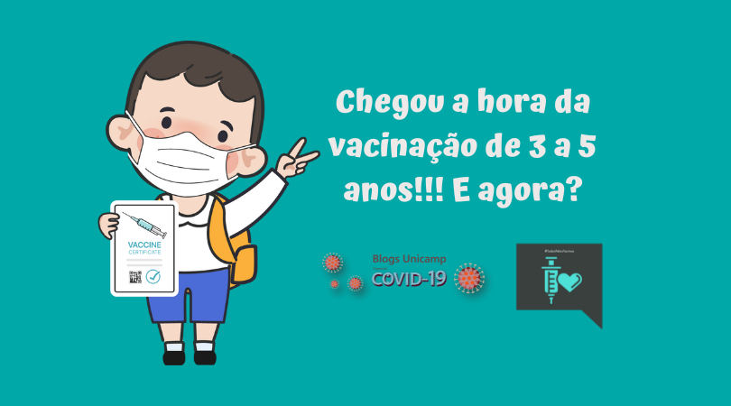 Ilustração de um menino, de máscara, com os dedos levantados em V, segurando o certificado de vacinado, ao lado o texto "chegou a hora de vacinação de 3 a 5 anos, e agora?". Abaixo estão os símbolos do Especial Covid 19 e do Todos Pelas Vacinas