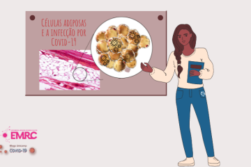 Uma apresentação de poster, em que uma menina aponta para a imagem de células de gordura infectadas por coronavírus