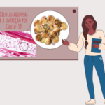 Uma apresentação de poster, em que uma menina aponta para a imagem de células de gordura infectadas por coronavírus