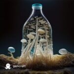 Imagem de uma garrafa com fungos dentro e ao redor com fundo escuro, representando bioplásticos. Imagem gerada por Inteligência Artificial.