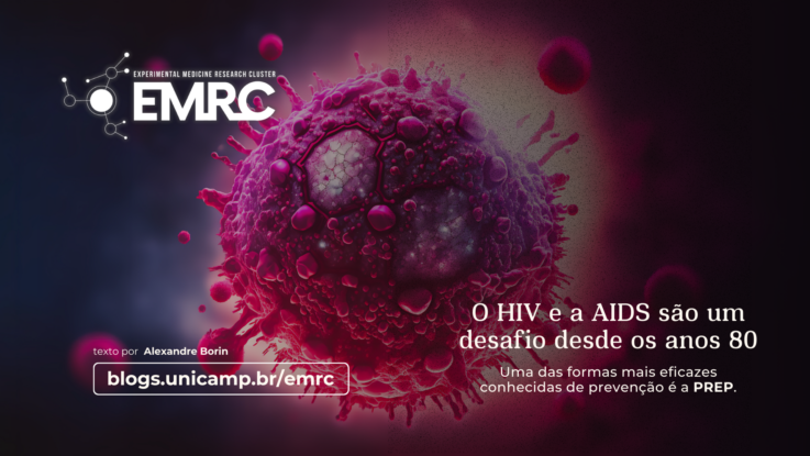 Imagem de um vírus ao fundo, com a logomarca do EMRC à esquerda, e o título e subtítulo do texto escritos na parte inferior da imagem "O HIV e a AIDS são um desafio desde os anos 80, Uma das formas mais eficazes conhecidas de prevenção é a PREP." Texto por Alexandre Borin