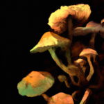 Imagem gerada por Inteligência Artificial. Representam cogumelos, em um fundo preto.