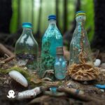 Gravura gerada por Inteligência Artificial. Na imagem sob fundo que indica uma região florestal, há fungos dentro de garrafas de plástico, com a legenda "Aliados poderosos na decomposição de plásticos" na parte superior.