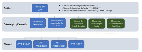 Estrutura de governança do Comitê Interministerial sobre Mudança do Clima (CIM). Fonte: . Ministério do Meio Ambiente, 2024. Disponível em: https://www.gov.br/mma.