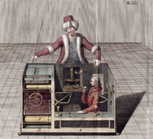 Seção transversal do Turco de Racknitz ilustrando o operador se sentava dentro do gabinete para enfrentar o oponente (1789). Fonte: Biblioteca da Universidade de Humboldt/Wikimedia Commons.