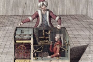 Seção transversal do Turco de Racknitz ilustrando o operador se sentava dentro do gabinete para enfrentar o oponente (1789). Fonte: Biblioteca da Universidade de Humboldt/Wikimedia Commons.