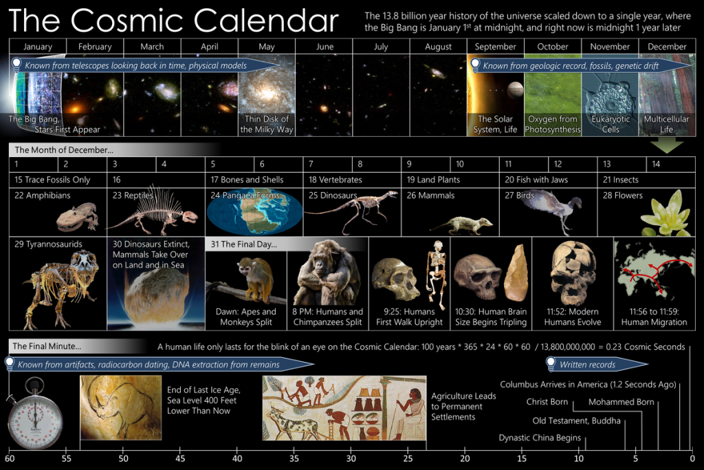 Imagem do calendário cósmico, produzido por EfBrazil. Separado em meses e dias estão as datas de cada evento acontecido na Terra. Às 11h56 do dia 31 de dezembro começa a migração humana. A última era do gelo termina cerca de 46 segundos antes do fim do ano. Agricultura começa por volta dos 37 segundos antes do fim do ano.