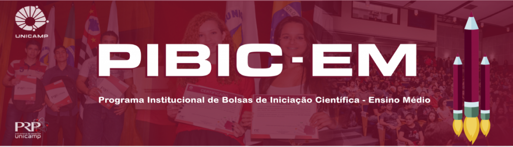 Banner do programa PIBIC- EM. Ao fundo há imagens de alunos que fizeram parte do programa segurando seus diplomas. Na parte superior esquerda há o logo da Unicamp e na inferior direita, o logo da Pró-reitoria de Pesquisa da Unicamp. Ao centro, há os dizeres: PIBIC-EM Programa Nacional de Bolsas de Iniciação Científica - Ensino Médio.