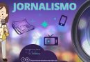 Banner da profissão jornalismo. Do lado esquerdo há o desenho de uma mulher branca de cabelos castanhos falando ao microfone. No centro há as imagens de um jornal, um celular e uma TV. O fundo é roxo e em cima está escrito "Jornalismo". Na parte inferior, está o logo do Incentivando Elas na Ciência.