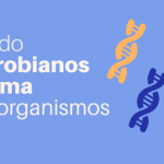 fundo azul, letras brancas indicam o nome do post: procurando antimicrobiano no genoma dos microrganismos. No canto direito da imagem, formas que remetem à estrutura do DNA e um frasco de medicamento.