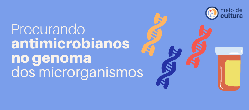 fundo azul, letras brancas indicam o nome do post: procurando antimicrobiano no genoma dos microrganismos. No canto direito da imagem, formas que remetem à estrutura do DNA e um frasco de medicamento.