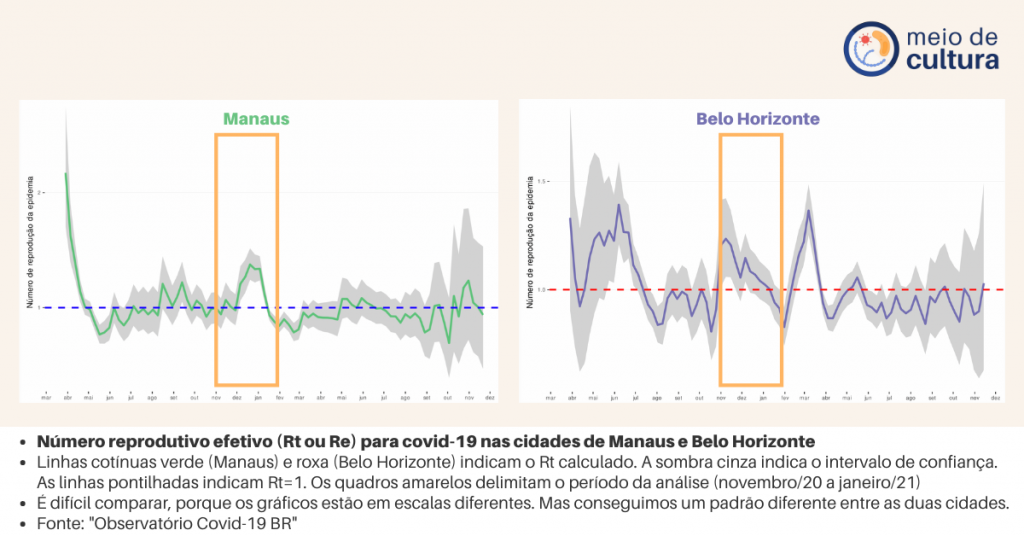 Texto: Número reprodutivo efetivo (Rt ou Re) para covid-19 nas cidades de Belo Horizonte e Manaus.
São dois gráficos cada um para uma das cidades englobam o período de março/2020 a dezembro/2021. Novamente o objetivo não são os valores, mas o perfil do gráfico. Em Manaus o gráfico começa num Rt maior do que dois, caindo para abaixo de 0, e então apresenta picos nos meses de agosto, setembro, dezembro/20 e outubro e novembro/21. Em Belo Horizonte, o gráfico inicia com Rt próximo a 1, caindo para apresentar 3 picos de Rt aproximadamente igual 1,2 (abril a junho/20; novembro-dezembro/20 e fevereiro/21)

