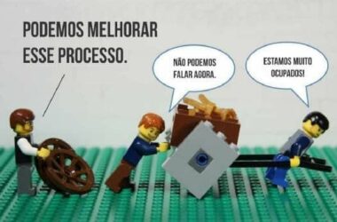 Conjunto de peças lego onde dois bonecos estão empurrando um carrinho sem rodas ao lado e outro está segurando duas rodas. O diálogo sugere que as rodas melhorariam o trabalho.