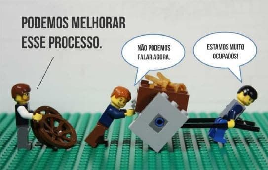 Conjunto de peças lego onde dois bonecos estão empurrando um carrinho sem rodas ao lado e outro está segurando duas rodas. O diálogo sugere que as rodas melhorariam o trabalho.