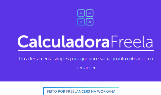 Quadro em azul e branco que demonstra como a calculadora aparenta, com link para acesso