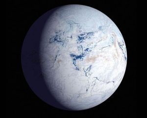 Figura 1: Snowball Earth (Terra Bola de Neve) – perspectiva artística de como a Terra ficou coberta por gelo no Pré-Cambriano. Fonte: desconhecido.