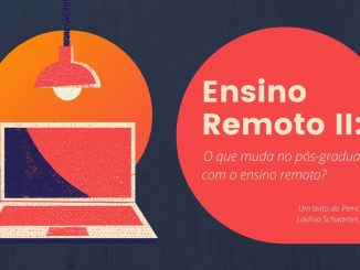 há um computador no lado esquerdo, com uma luminária acima. Ao lado direito há um balão de diálogo escrito: Ensino Remoto II: o que muda no pós-graduação com o ensino remoto?